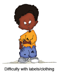 Autism behavioral illustration: Difficulty with labels and clothing